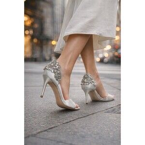 Badgley Mischka Celeste Heels Womens 5.5 Silver Satin Rhinestone Pumps Open Toe